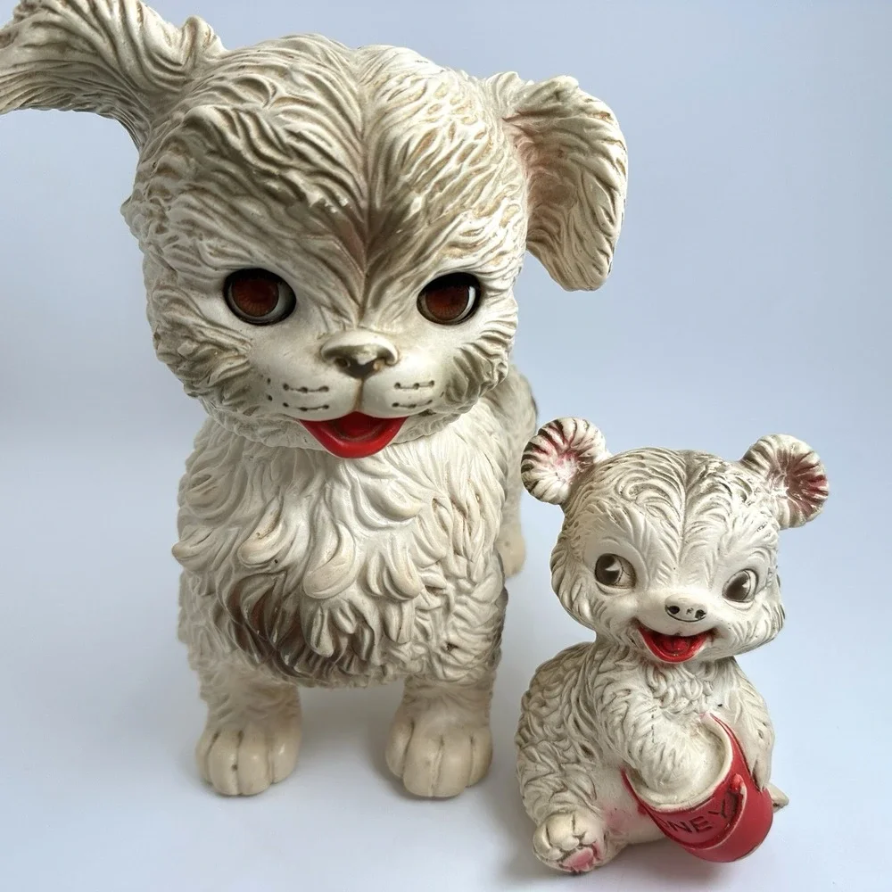 Edward Mobley Rubber Squeak Toy Set Cream Vintage Dog and Bear Cub Brookraft Toy